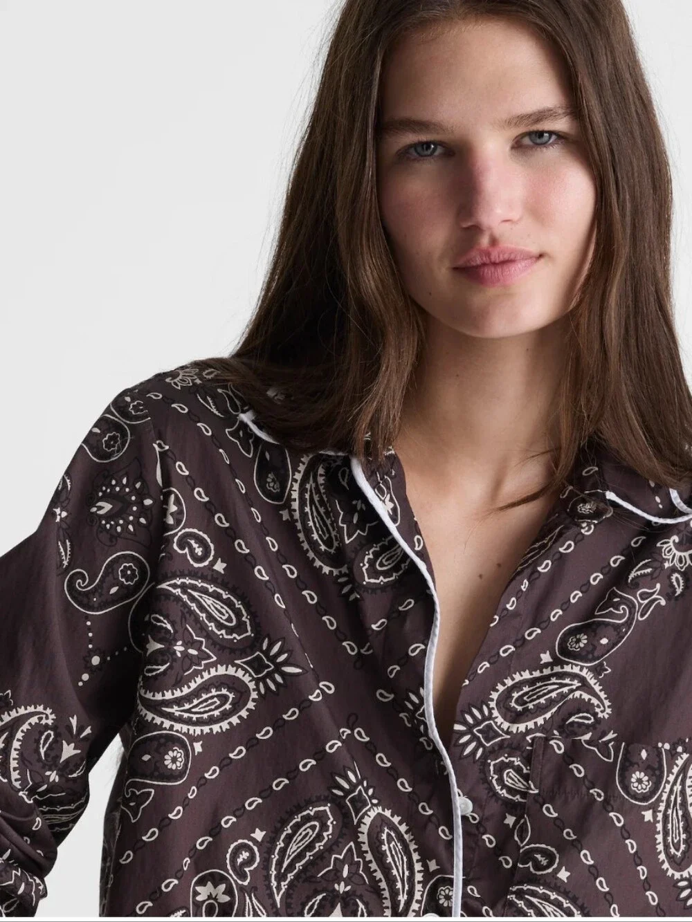 Madewell The Signature Y-Neck Shirt in Poplin NZ678 Size S Brown And White